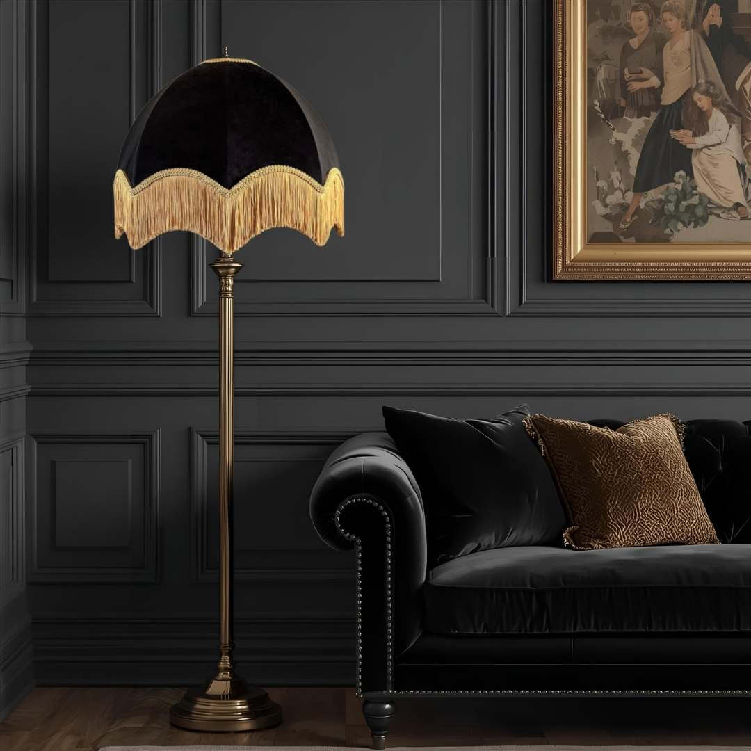 Living room setting with black dome vintage style lampshade