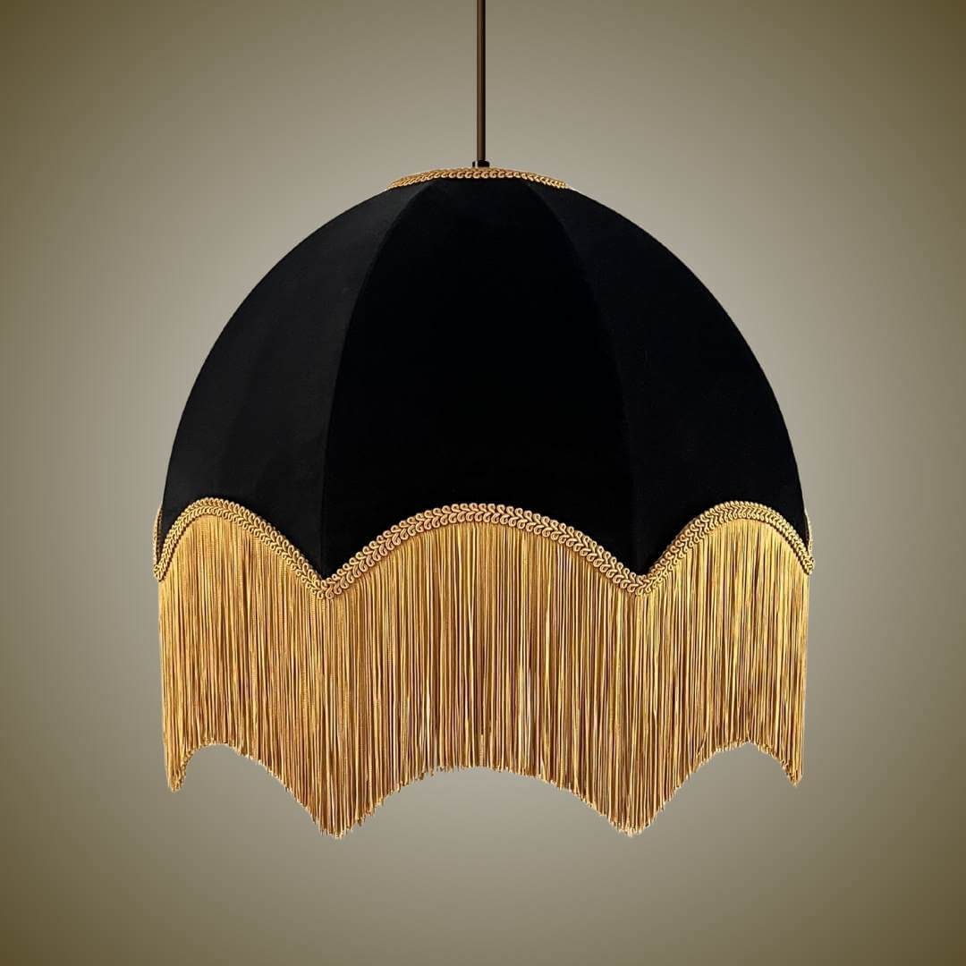 Black velvet dome vintage style pendant lampshade with deep gold fringe
