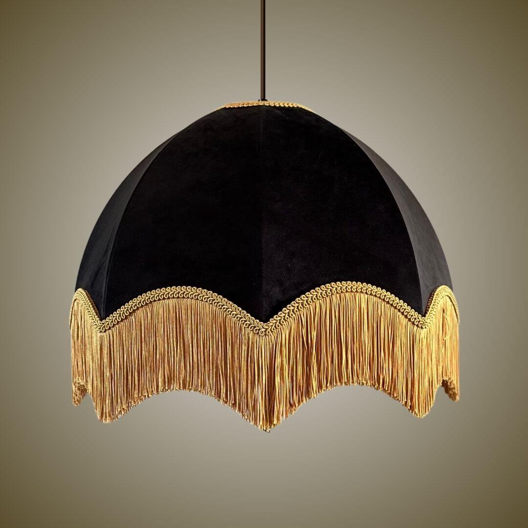 Black velvet dome vintage style pendant lampshade with gold fringe