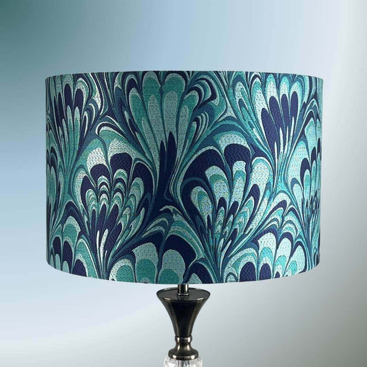 Blue and Teal feather marble drum lampshade