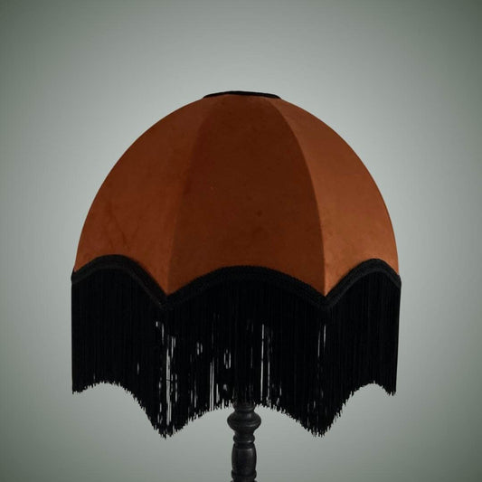 Burnt orange velvet dome parachute lampshade with black fringe