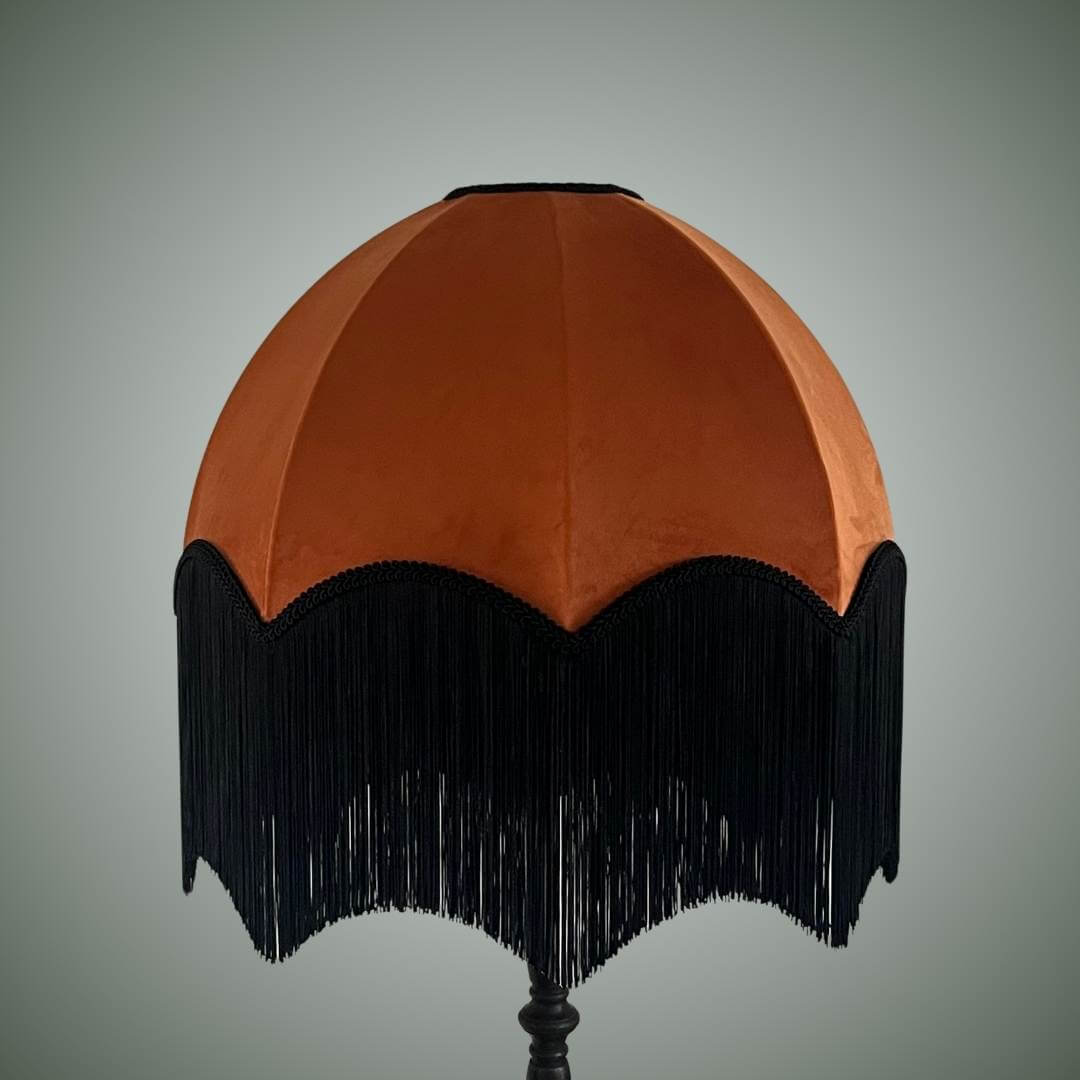 Burnt orange velvet dome parachute lampshade with black fringe