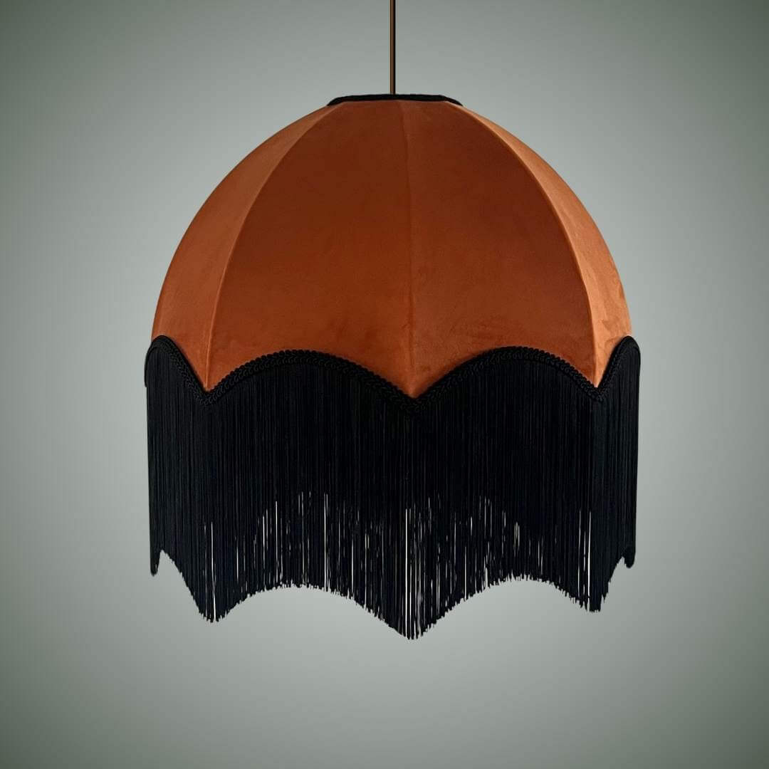 Burnt orange velvet dome parachute lampshade with black fringe