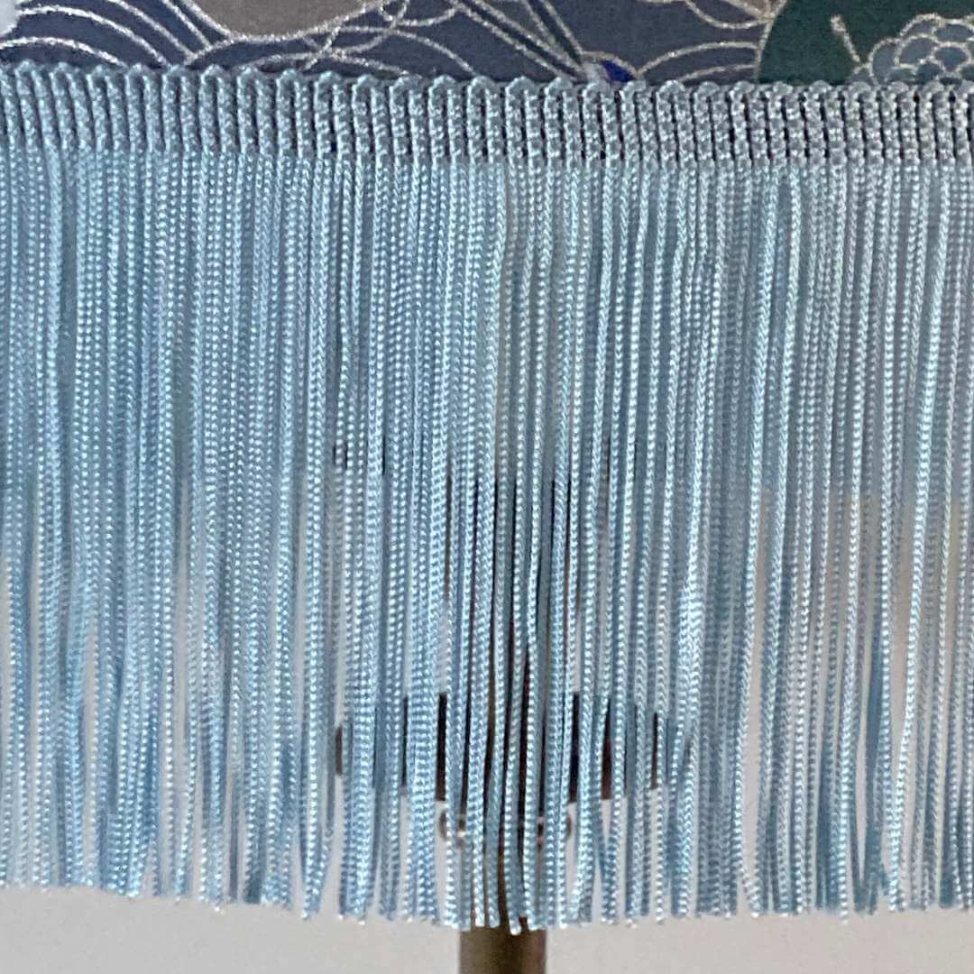 Blue Purple black and Silver Drum Lampshade with Japanese cranes and florals showing detail of fringe