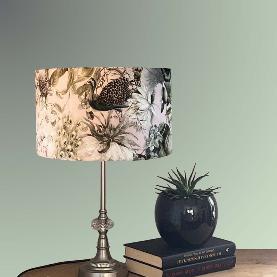 Pink and green velvet lampshade with peacocks florals and butterfiles