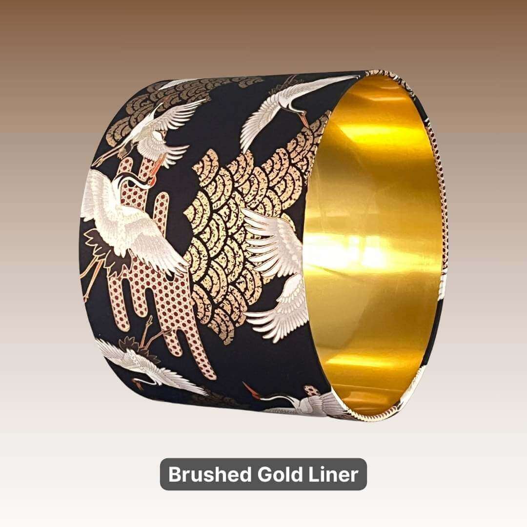 Japanese cranes drum lampshade with a brushed detail of brushed gold  interior liner