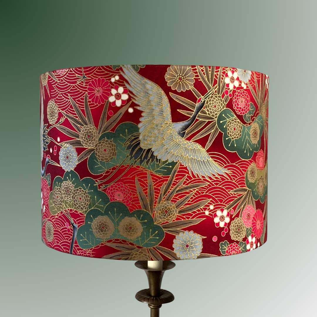 Drum Lampshade made with Authetic Japanese fabric with cranes, florals and metalic gold accents on brass lamp