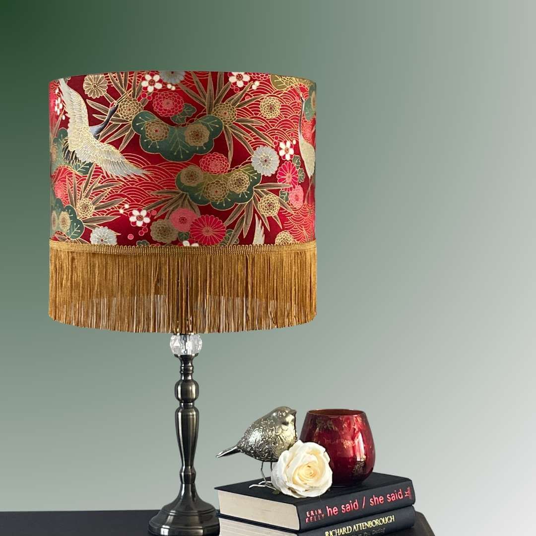 Drum Lampshade made with Authentic Japanese fabric with cranes, florals, metallic gold accents and gold fringe on lampstand