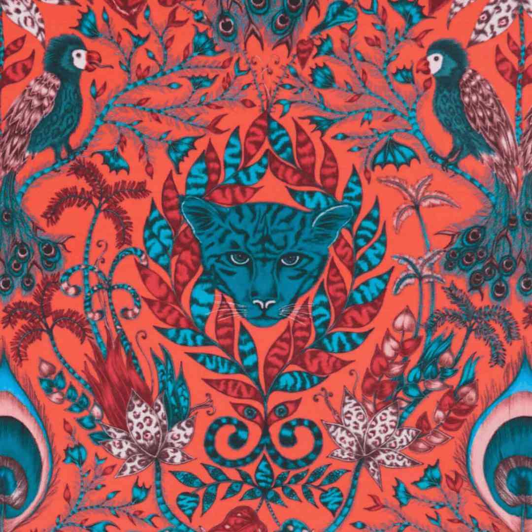 Emma Shipley Quirky Amazon Red & Teal Lampshade with Jaguars and Jungle Foliage Fabric