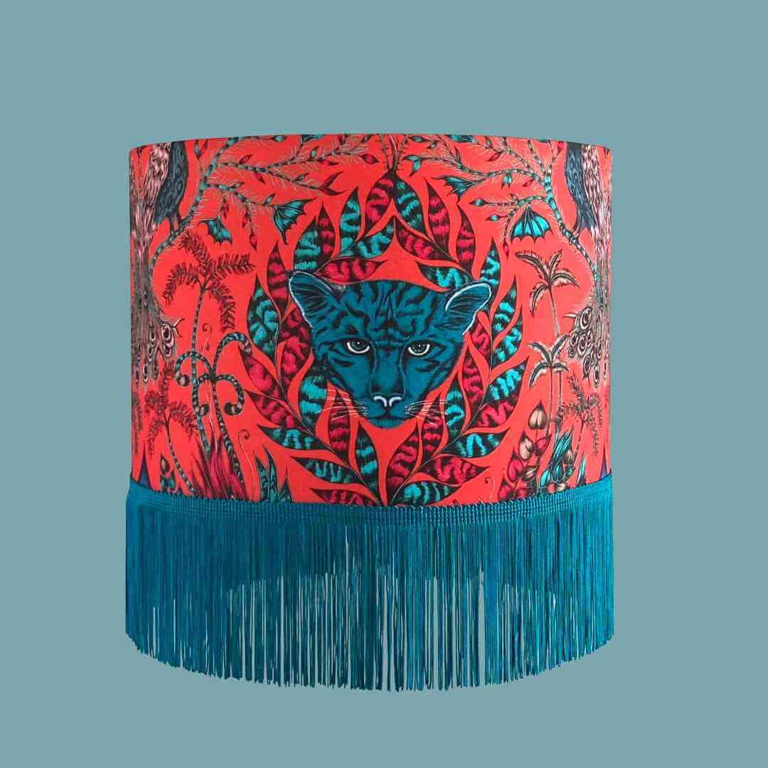 Emma Shipley Quirky Amazon Red & Teal Lampshade with Jaguars and Jungle Foliage and teal fringe
