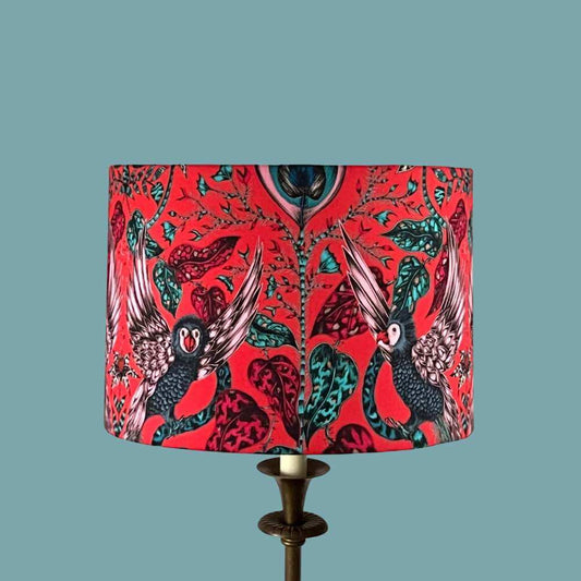 Emma Shipley Quirky Amazon Red & Teal Lampshade with Parrots and Jungle Foliage