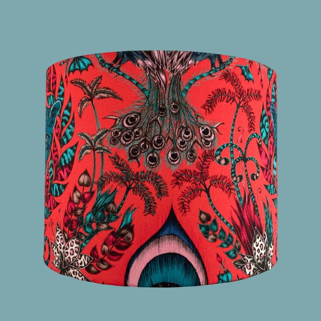 Emma Shipley Quirky Amazon Red & Teal Lampshade with peacock feathers and Jungle Foliage