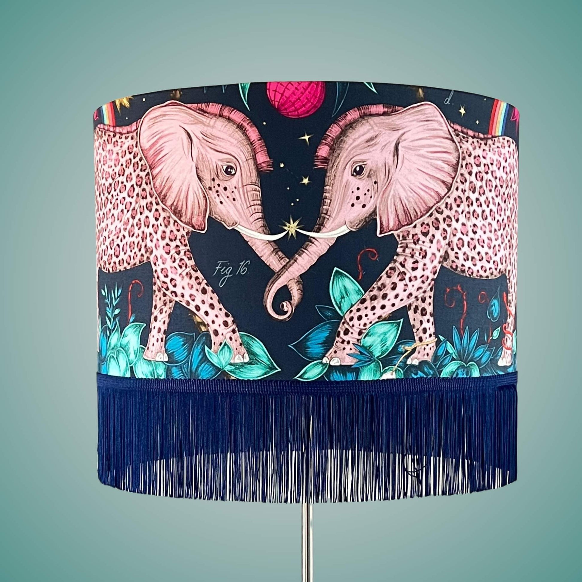Emma J Shipley zambezi Drum Lampshade with navy fringe