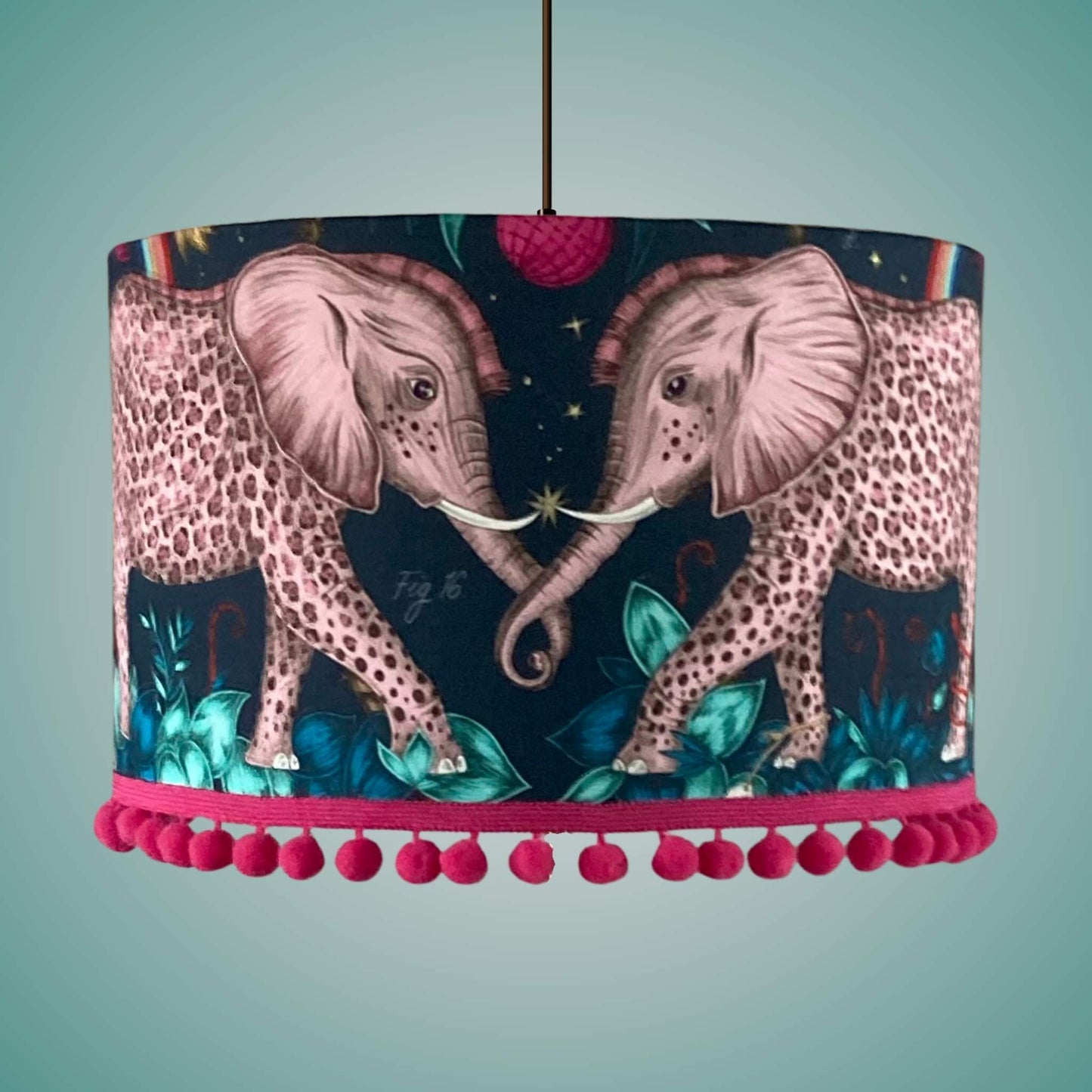 Emma J Shipley zambezi elephants Lampshade with pink pom pom trim