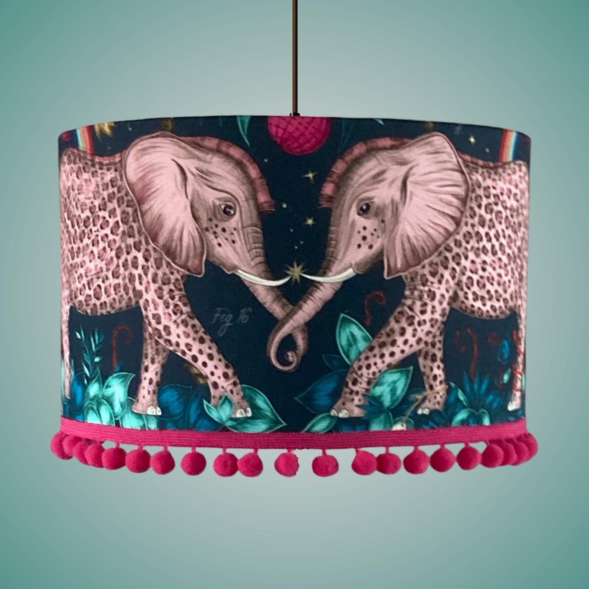 Emma J Shipley zambezi elephants Lampshade with pink pom pom trim
