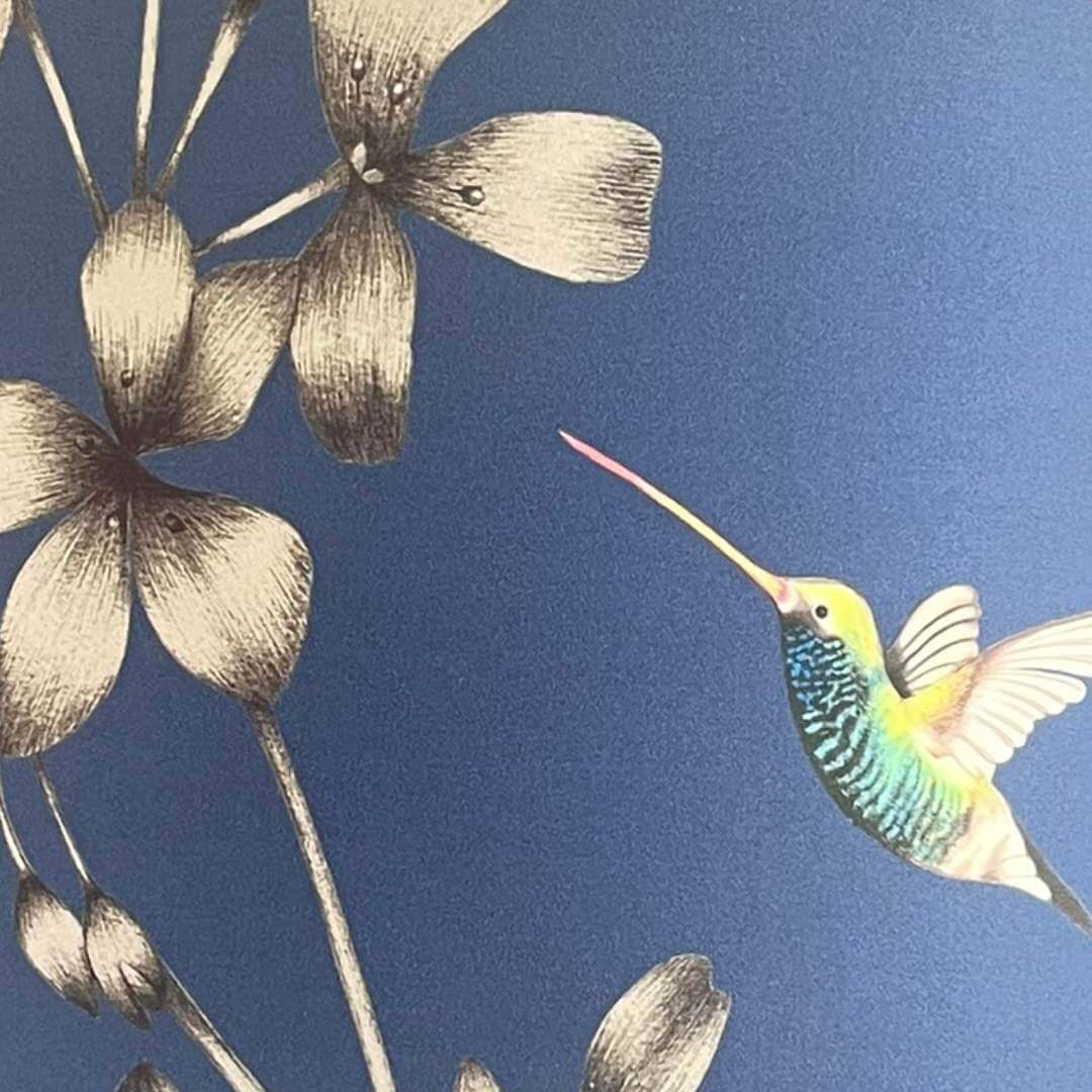 Indigo Blue Lampshade with Florals & Hummingbirds fabric by Harlequin Amazillia