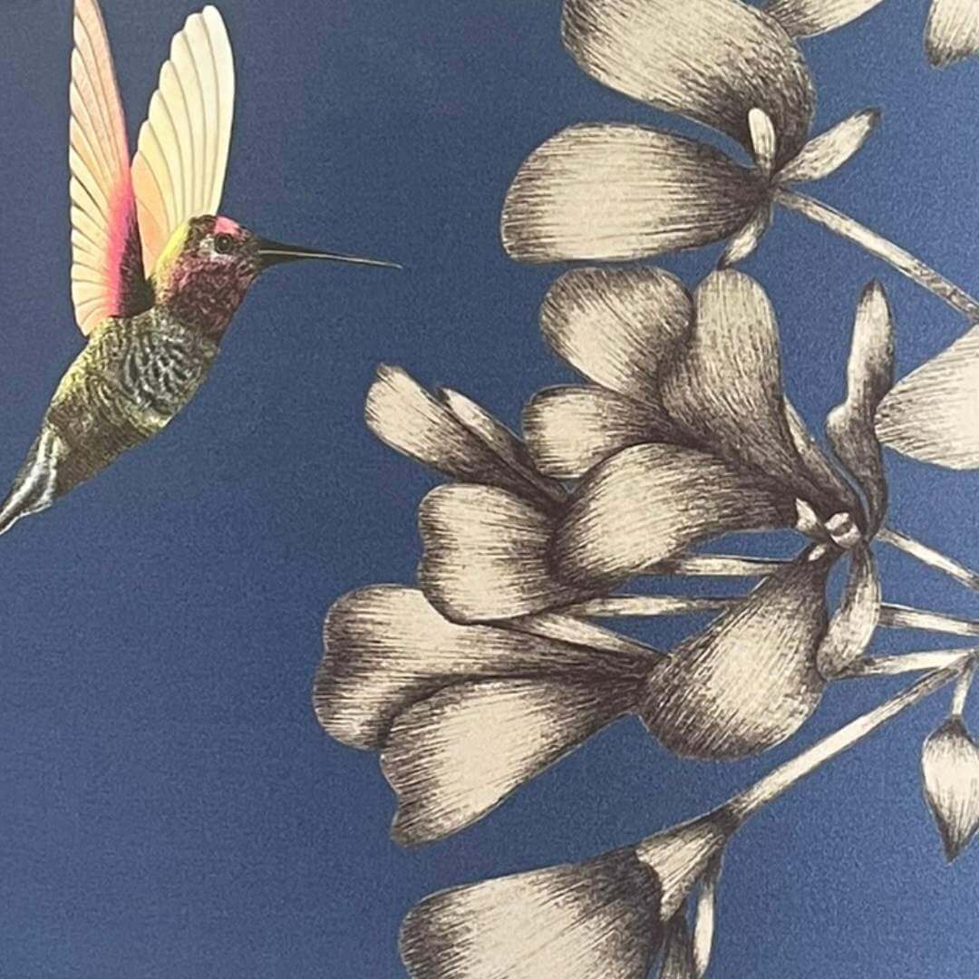 Indigo Blue Lampshade with Florals & Hummingbirds fabric by Harlequin Amazillia