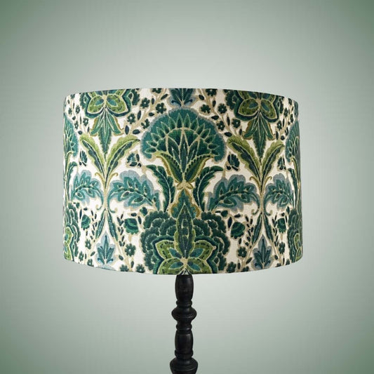 Rhapsody absinthe damask drum lampshade  on black lampstand