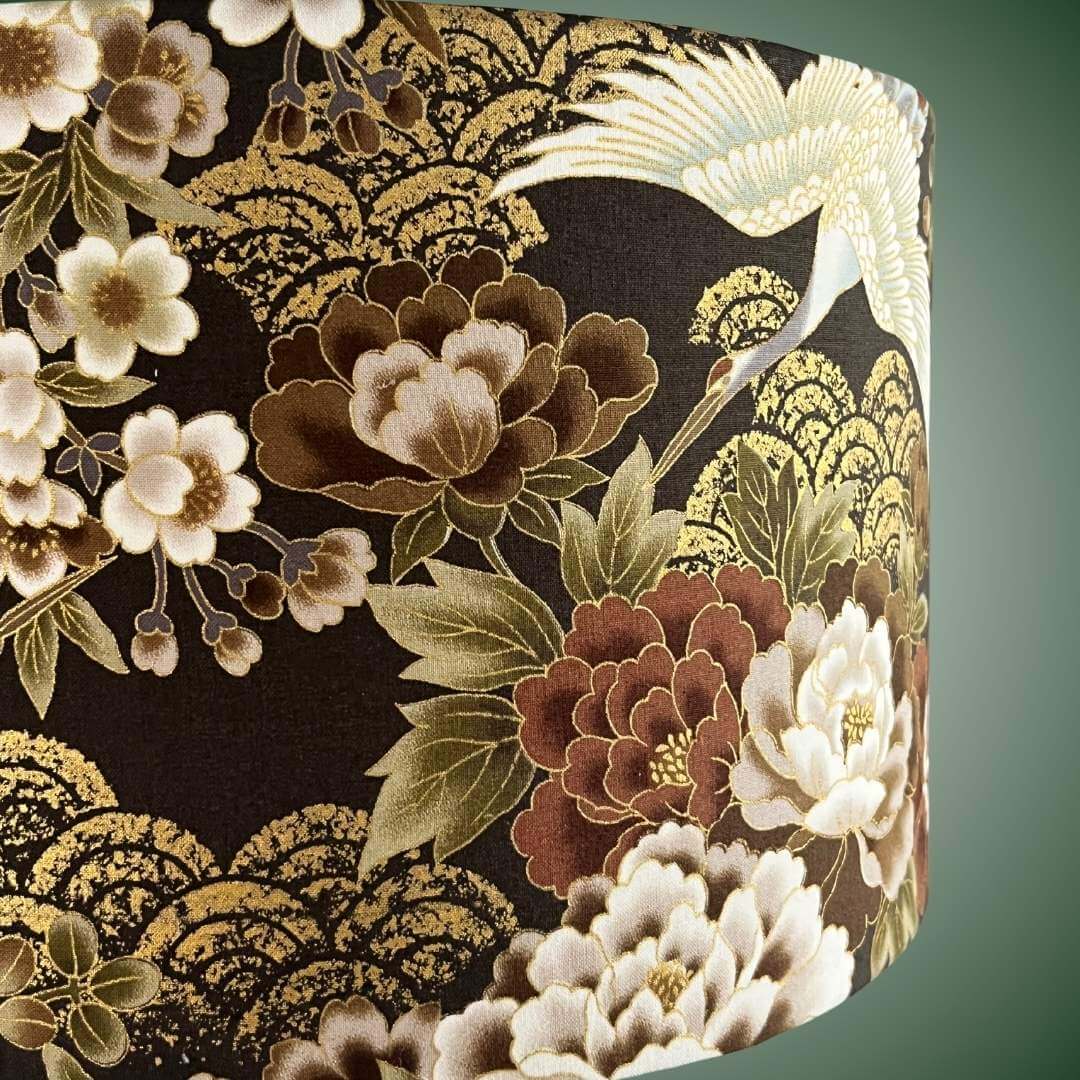 Japanese cranes and florals drum lampshade with metallic accents close up details