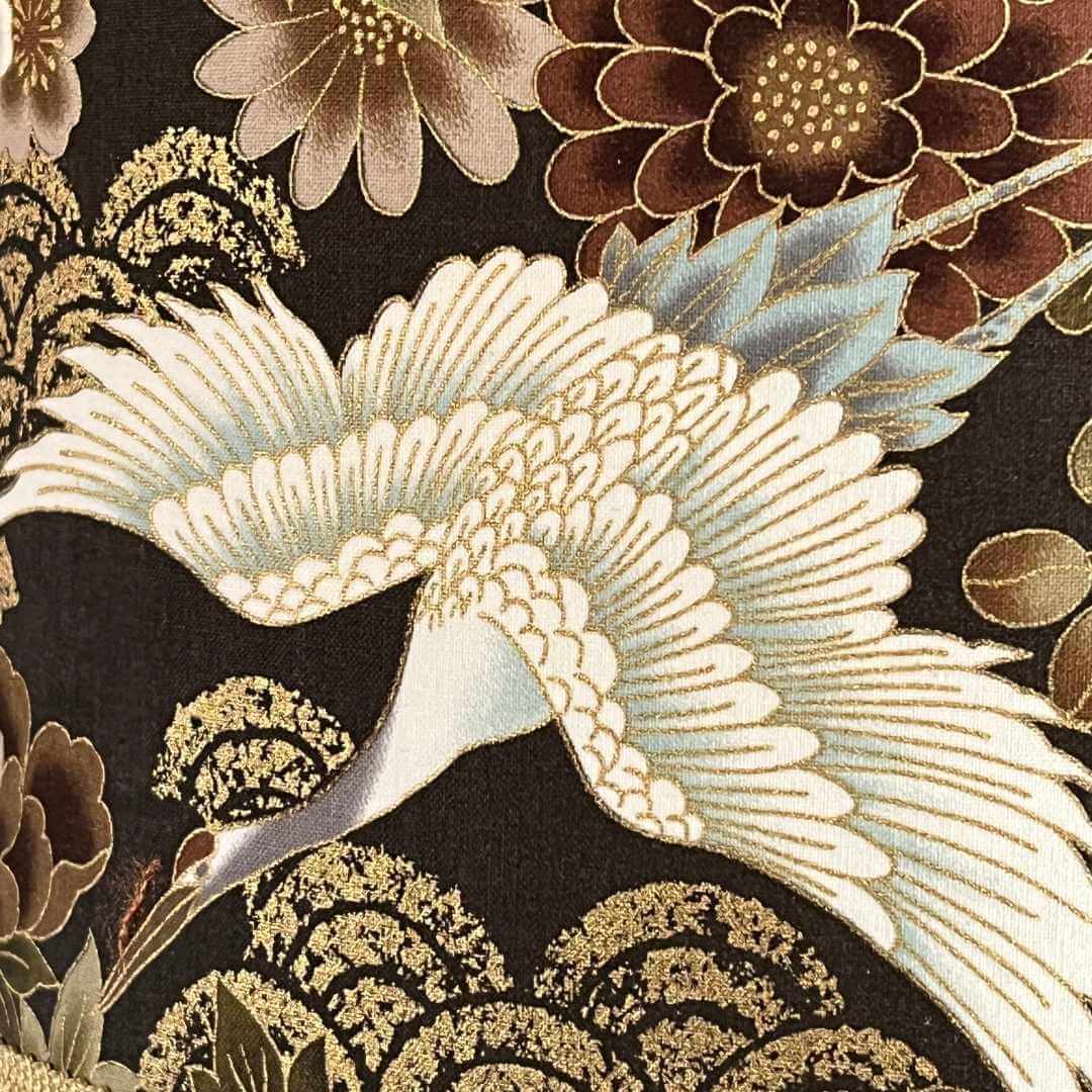 Japanese cranes and florals fabric with metallic accents