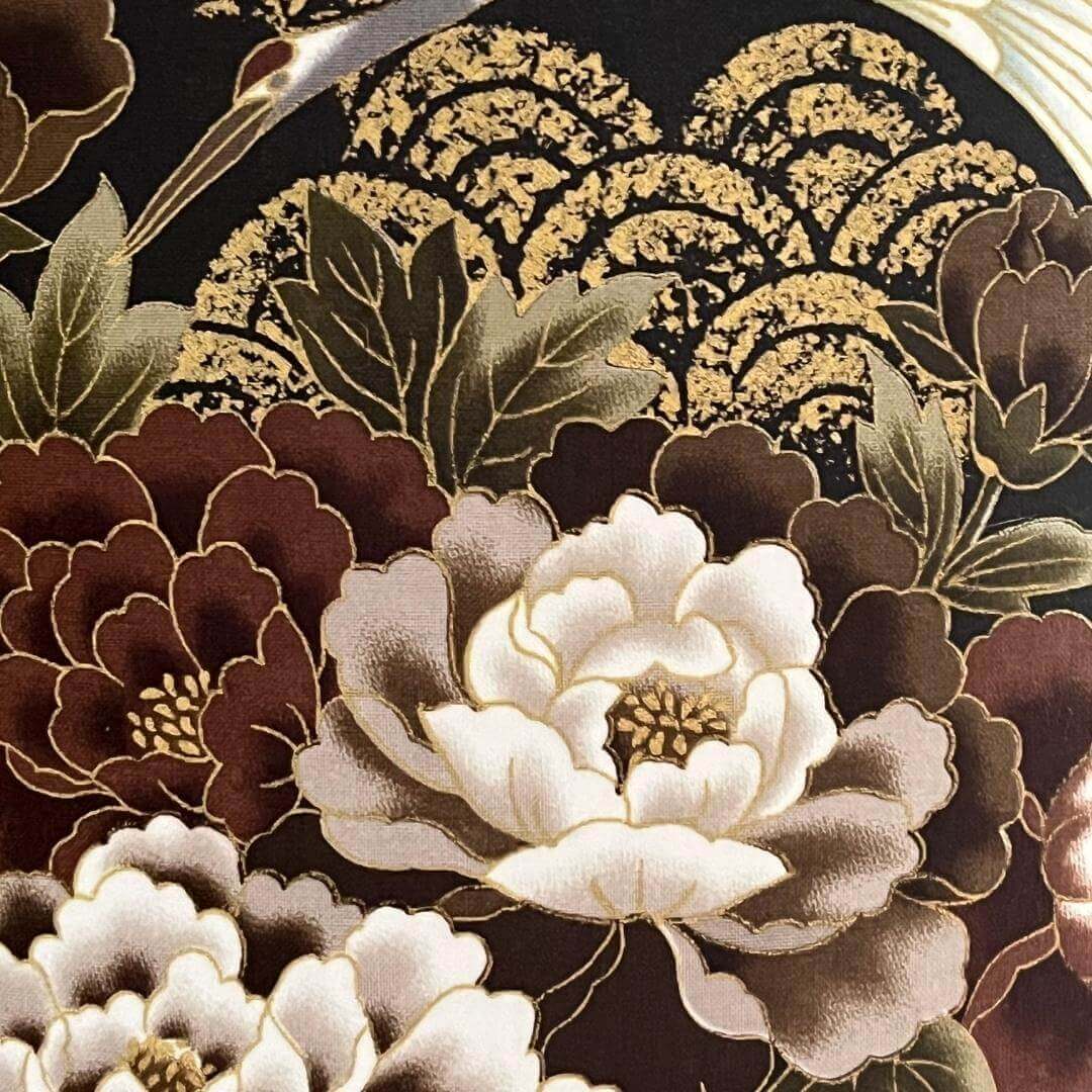 Japanese cranes and florals fabric with metalic accents