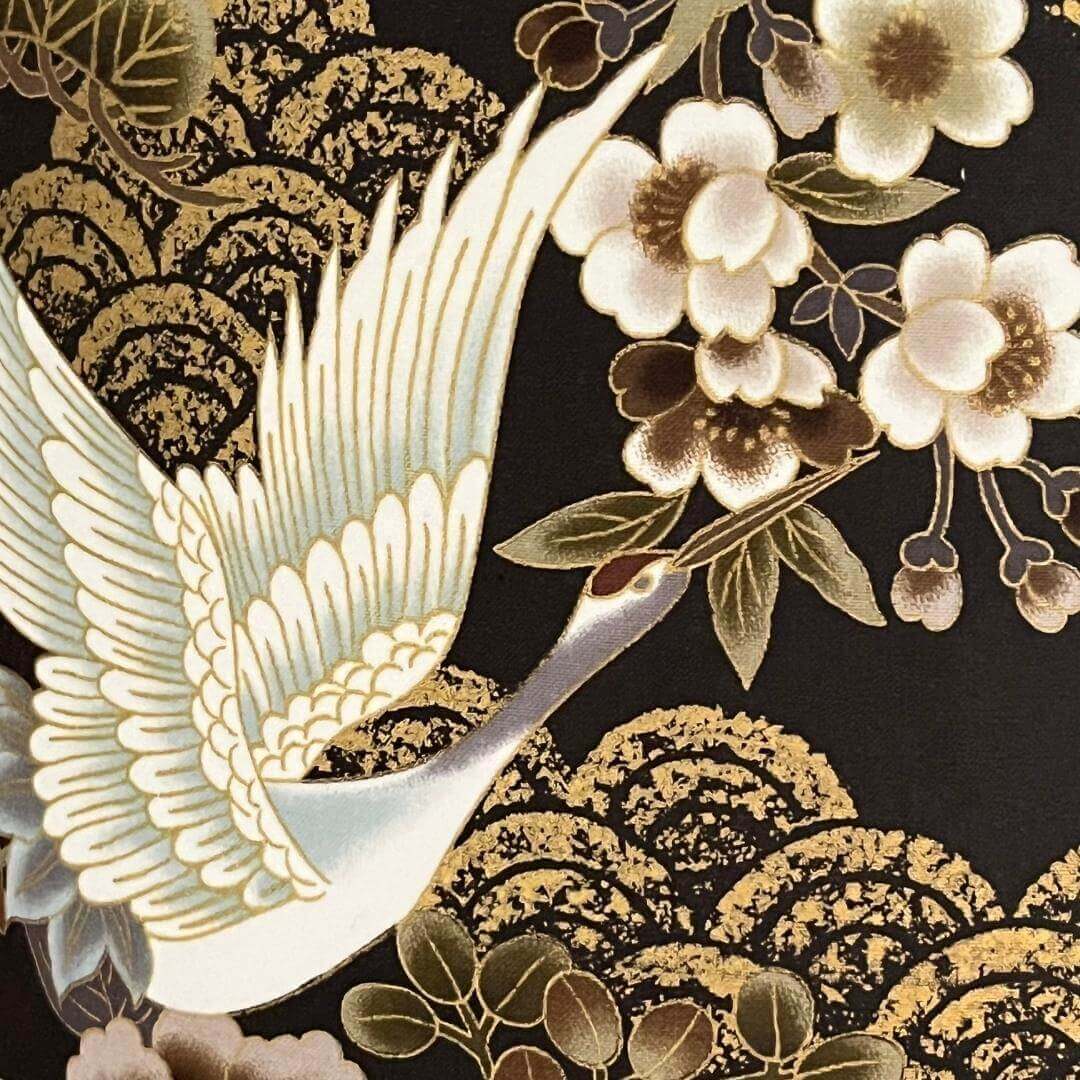 Japanese cranes and floral fabric with metallic accents
