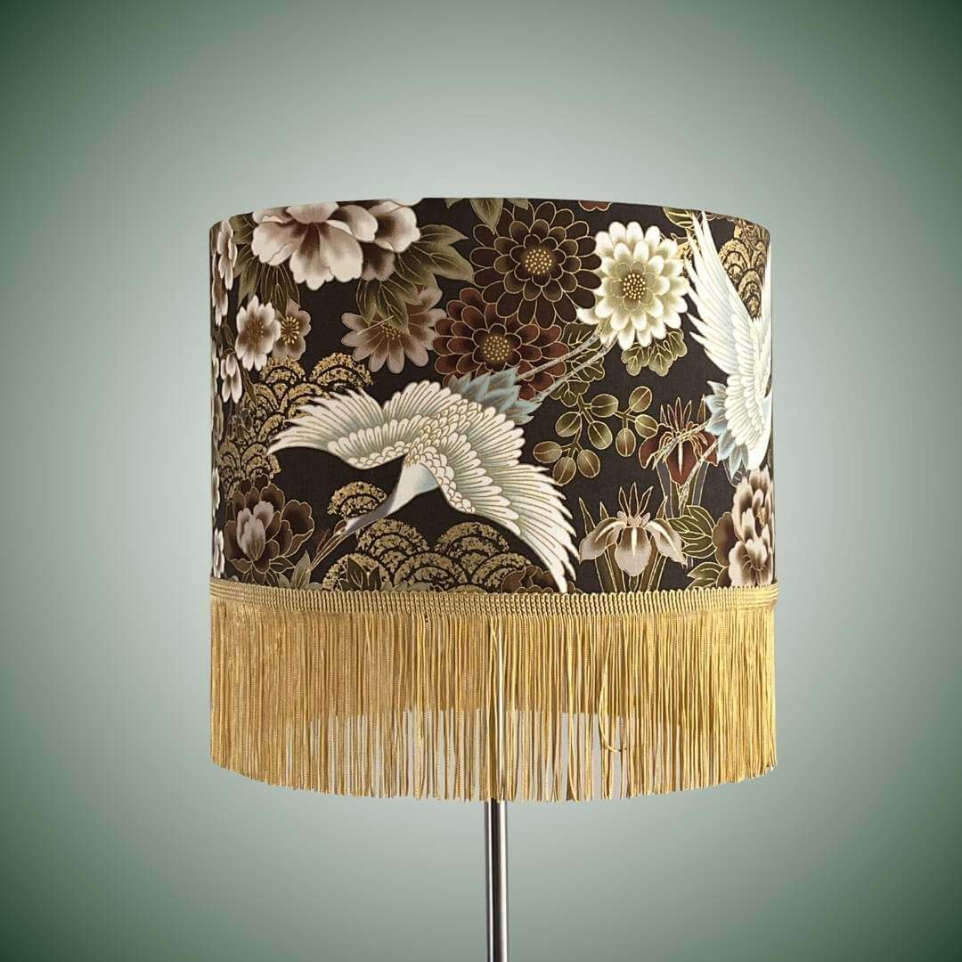 Japanese cranes and florals drum lampshade with gold fringe
