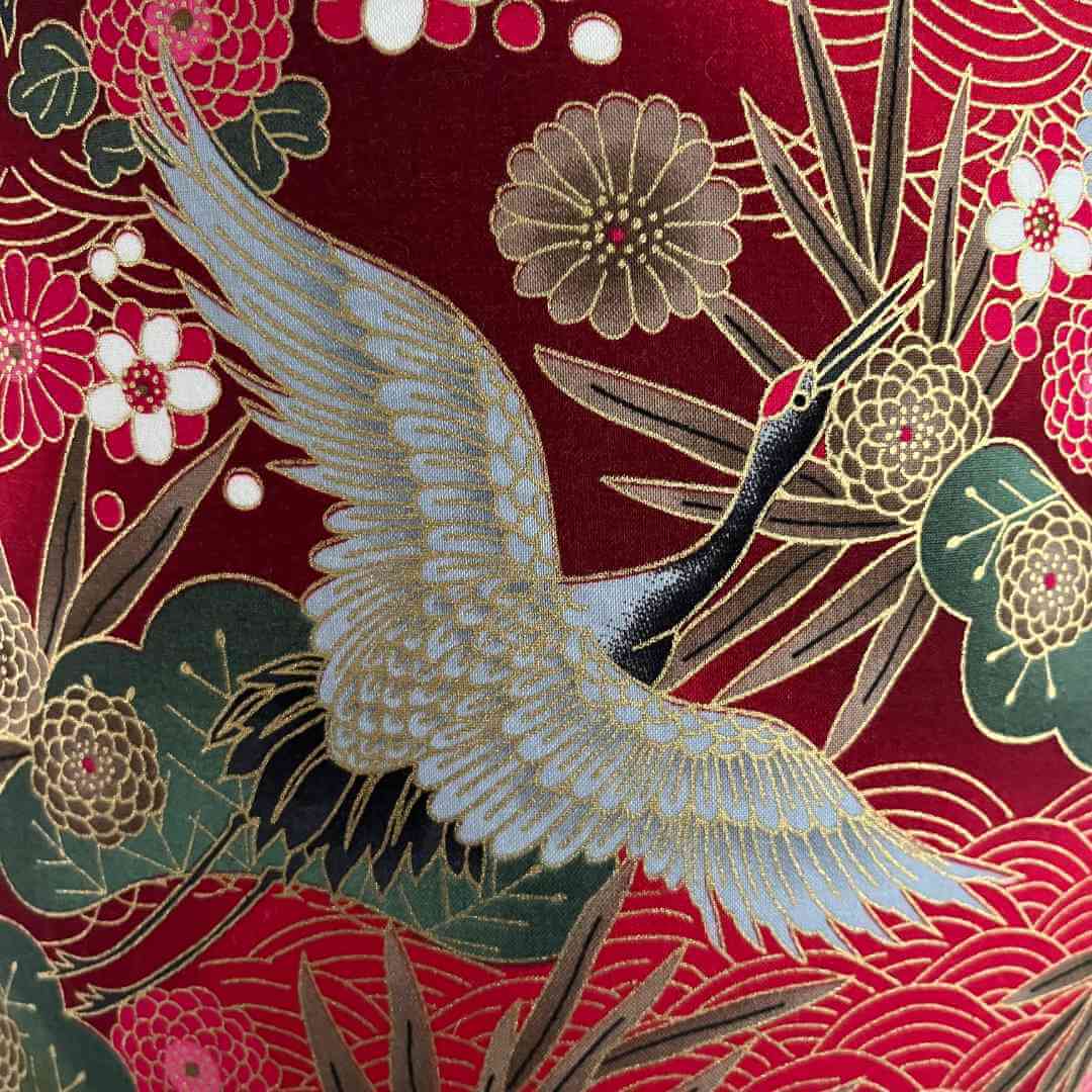 Drum Lampshade made with Authentic Japanese fabric with cranes, florals, metallic gold accents close up of bird