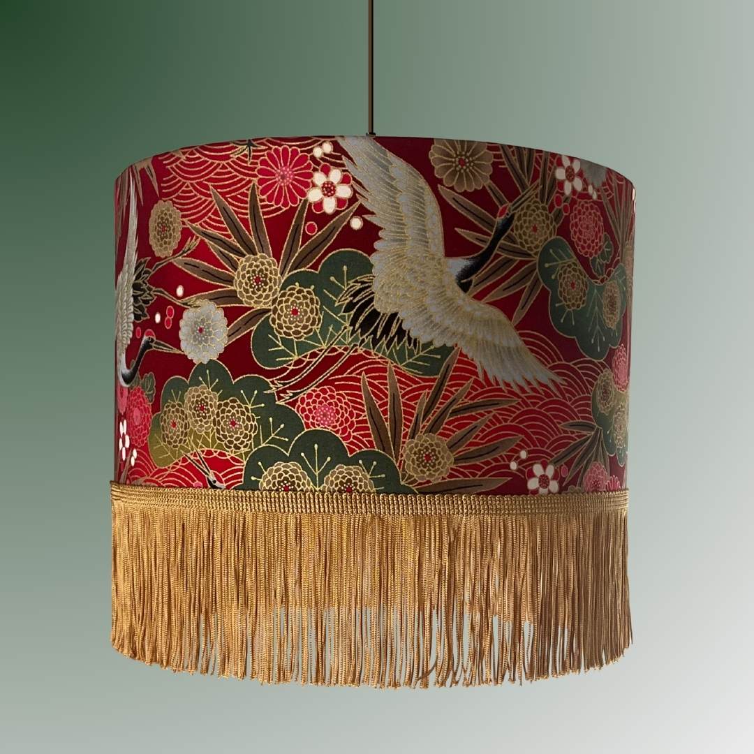 Drum Lampshade made with Authentic Japanese fabric with cranes, florals, metallic gold accents and gold fringe on pendant