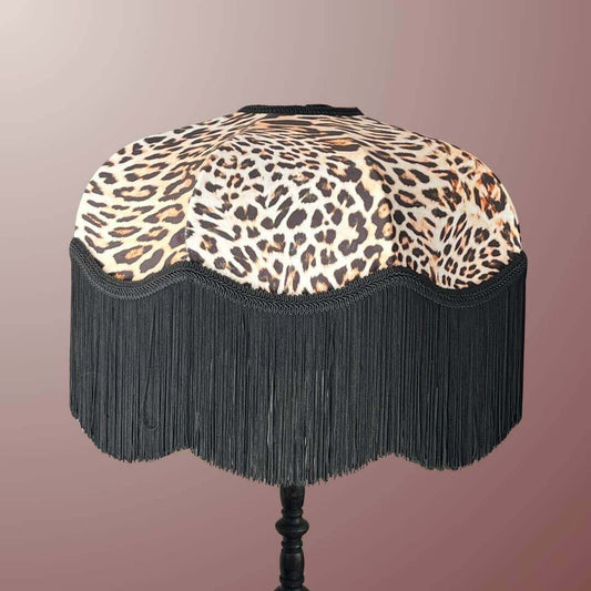 Leopard Print velvet Art Deco 1920s style lampshade with black fringe