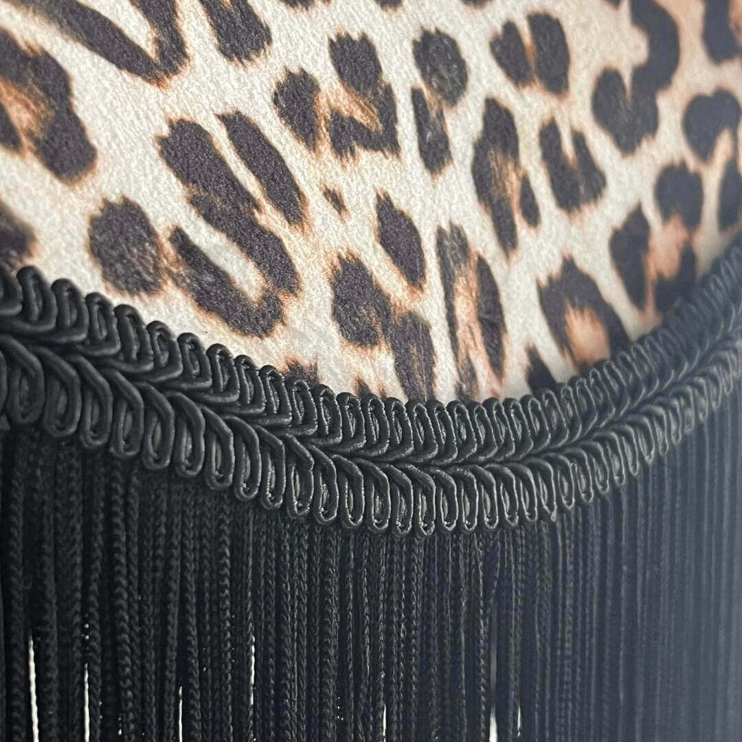 Leopard Print velvet Art Deco 1920s style lampshade with black fringe close up