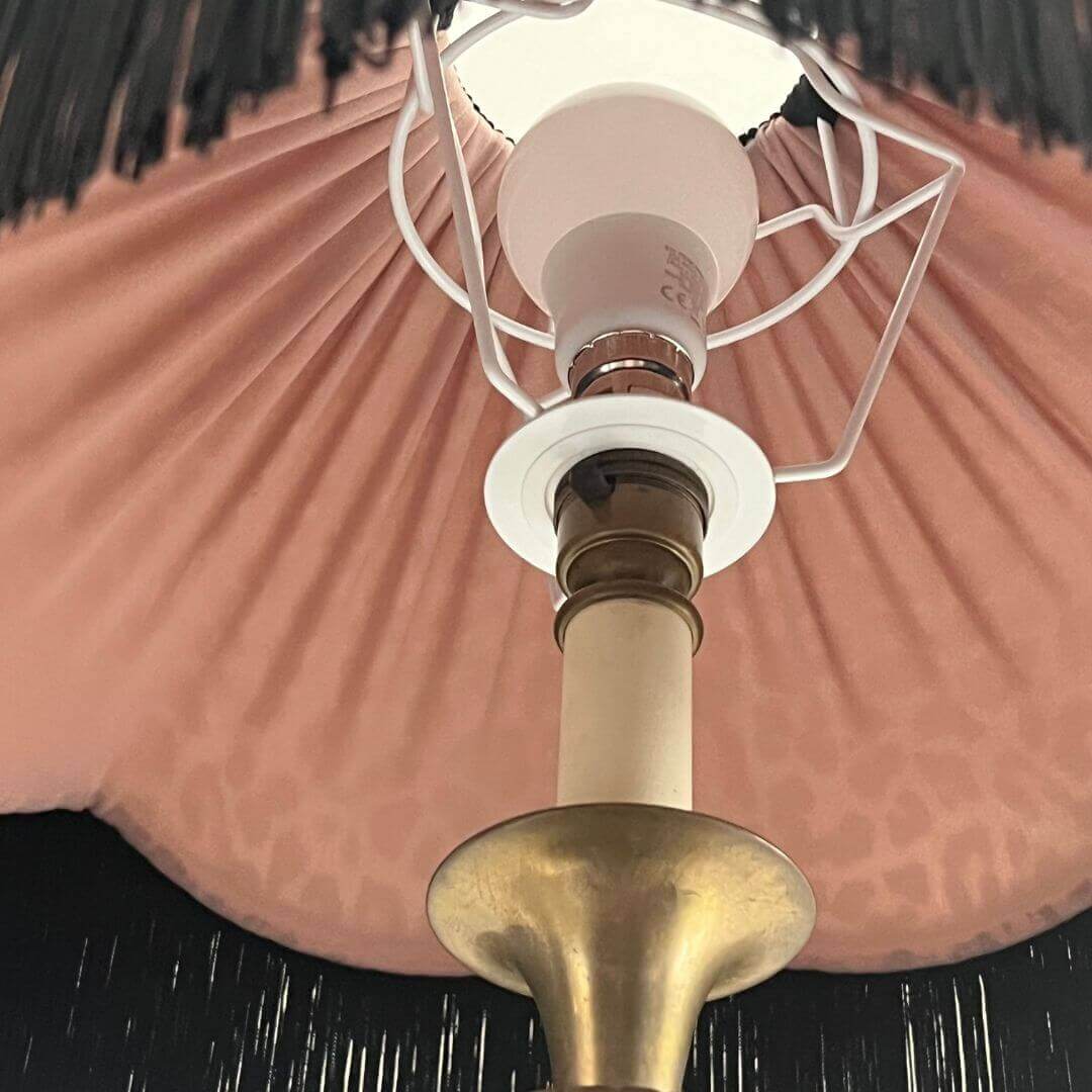 Leopard Print velvet Art Deco 1920s style lampshade with black fringe  pink pleated lining detail