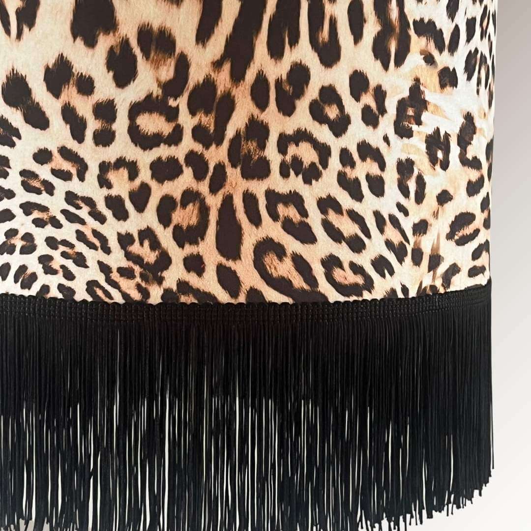 Leopard print velvet lampshade with fringe close up