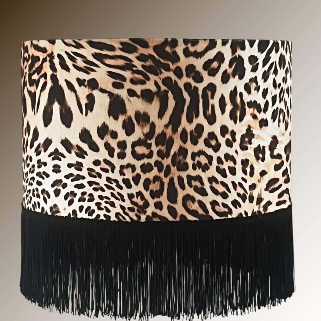 Leopard print velvet lampshade with black fringe
