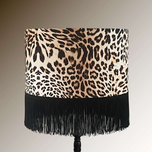 Leopard print velvet lampshade with black fringe