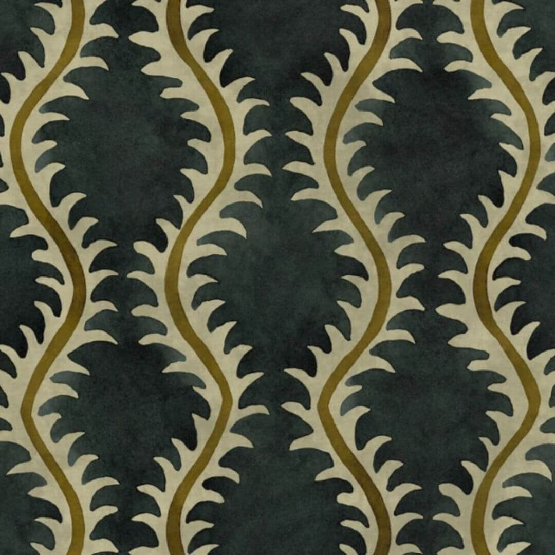 Linwood helter skelter velvet fabric in midnight - dark blue with muted olive green
