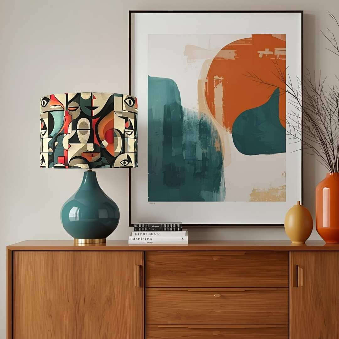 Picasso style faces lampshade on modern sideboard