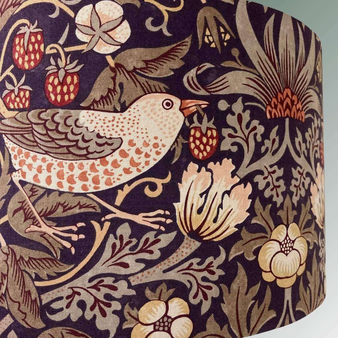 Drum lampshade william morris strawberry thief in grape and gold