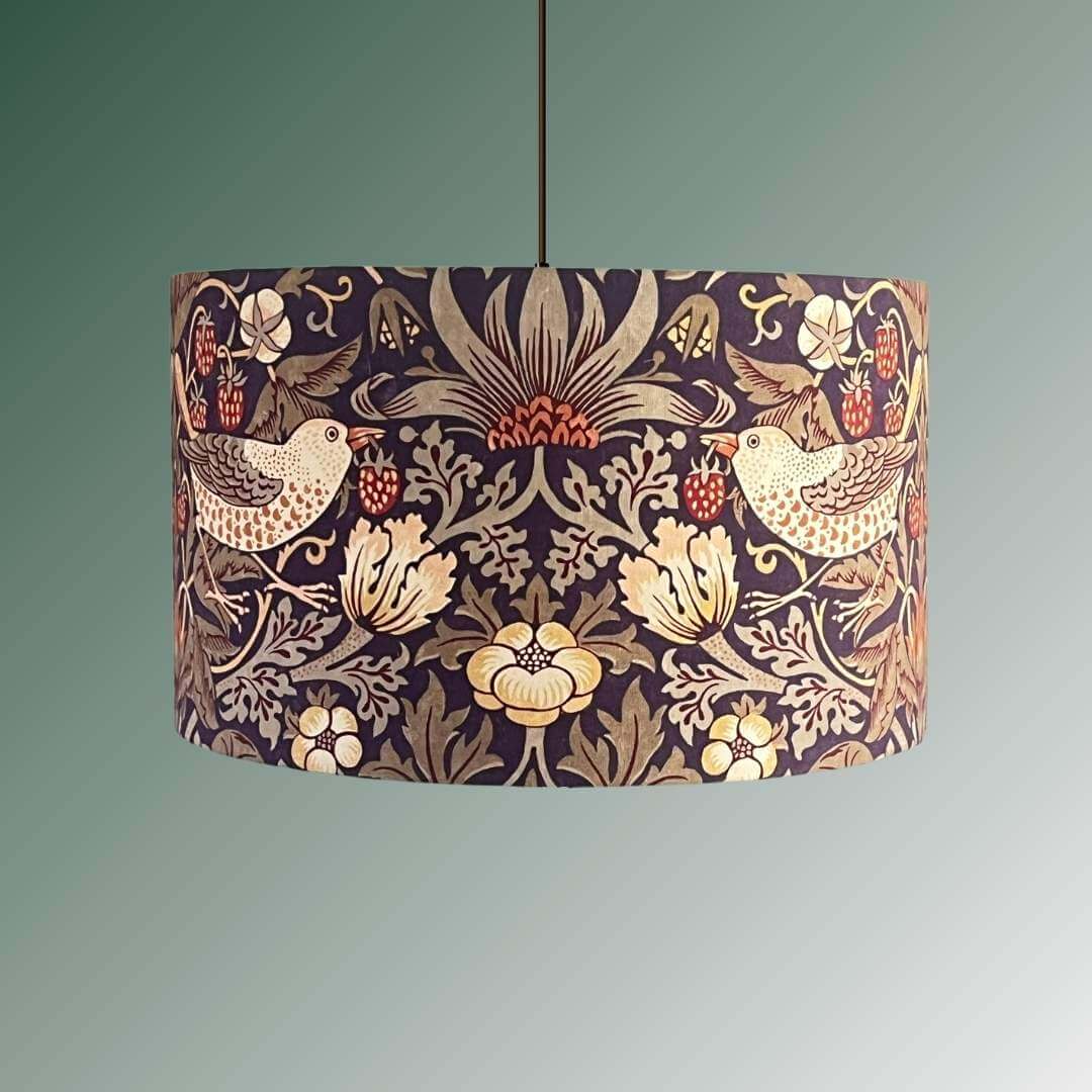 Drum lampshade william morris strawberry thief in grape and gold