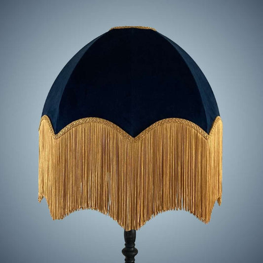 Navy velvet dome parachute vintage style lampshade with deep gold fringe