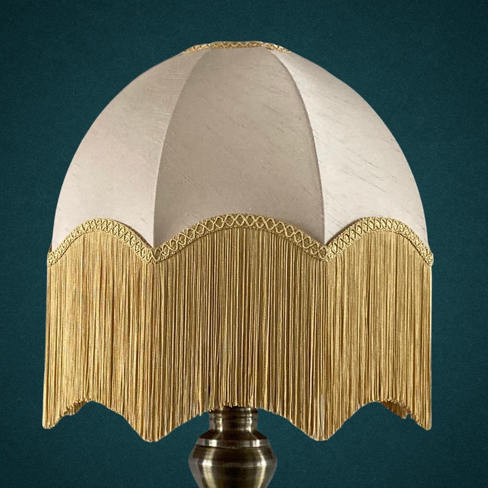 vintage style dome parachute lampshade with neutral champagne silk and deep gold fringing tassels