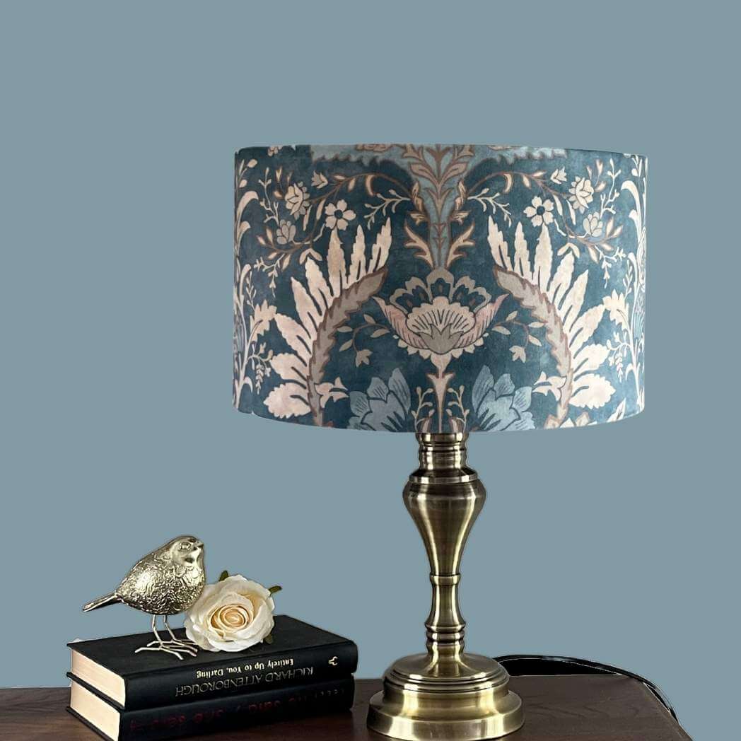 Art Nouveau style Blue Velvet Drum Lampshade shown in a lifestyle setting