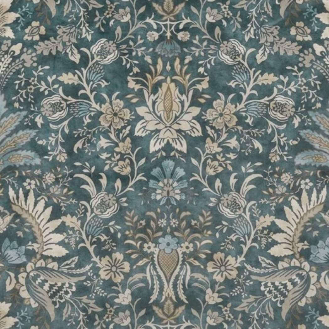 Floral and leaf patterned velvet fabric in blue and beige tones.