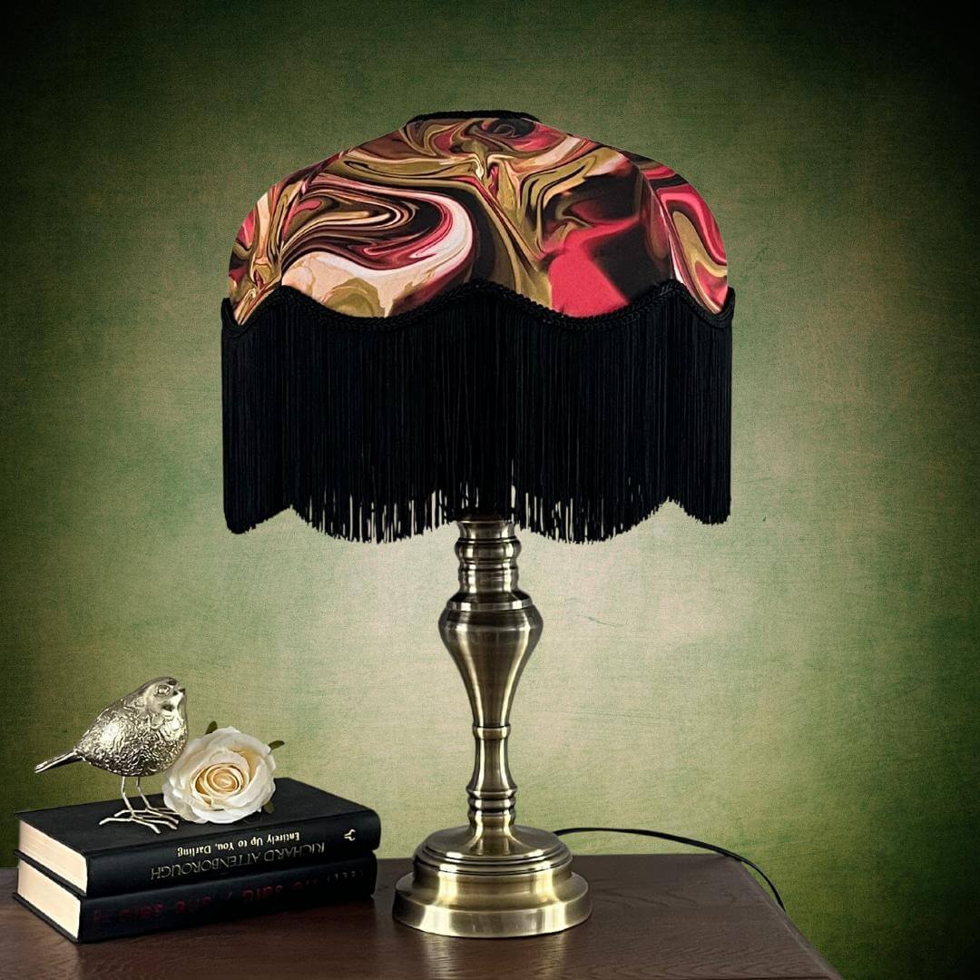 Raspberry Pink & dirty lime marble art deo style lampshade with black fringe on brass lamp base
