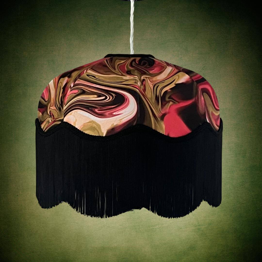 Raspberry Pink & dirty lime marble art deo style lampshade with black fringe on grey pendant