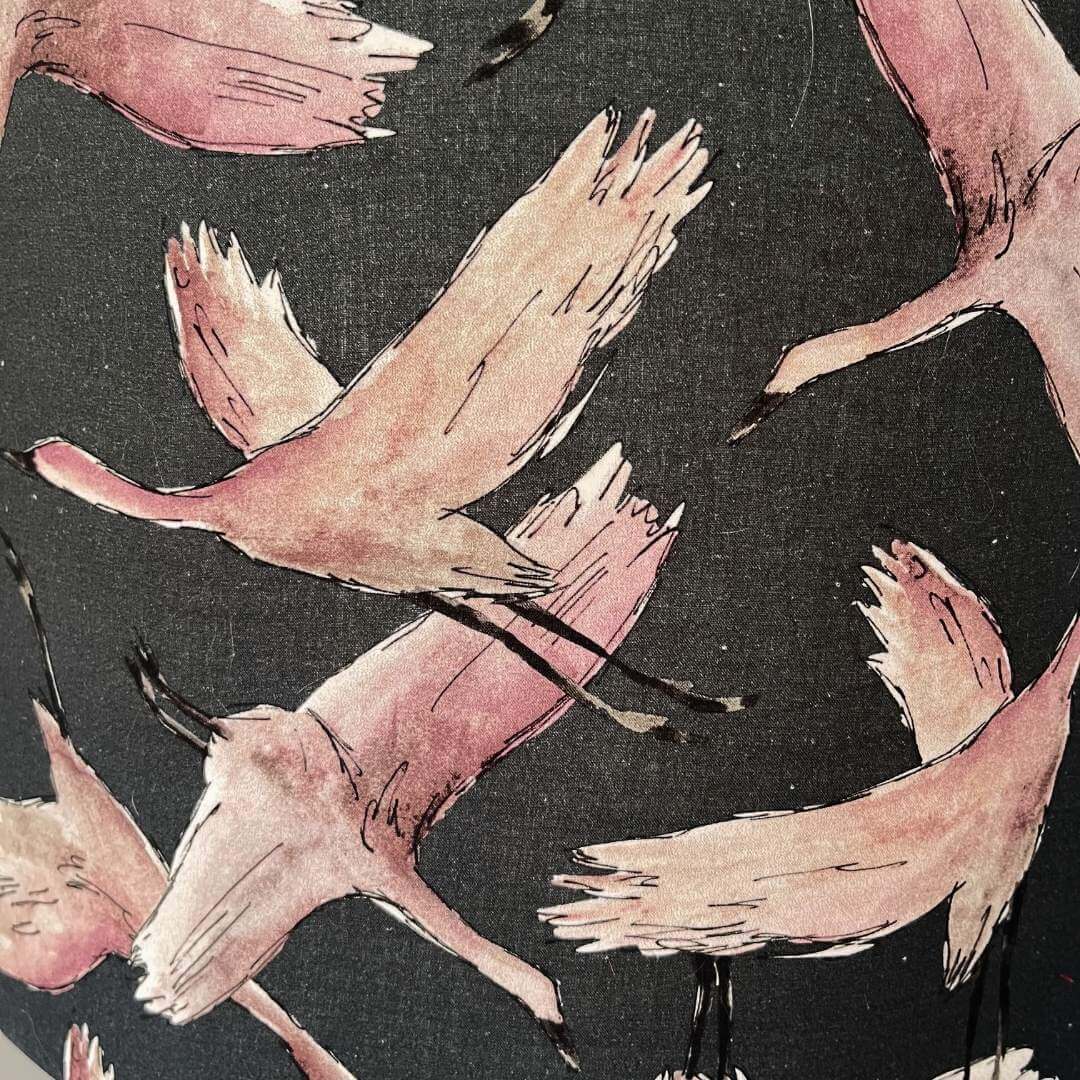 navy drum lampshade with flying birds - fabric close up