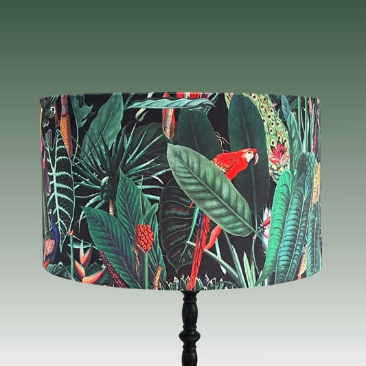 Velvet drum lampshade with jungle palms and exotic birds