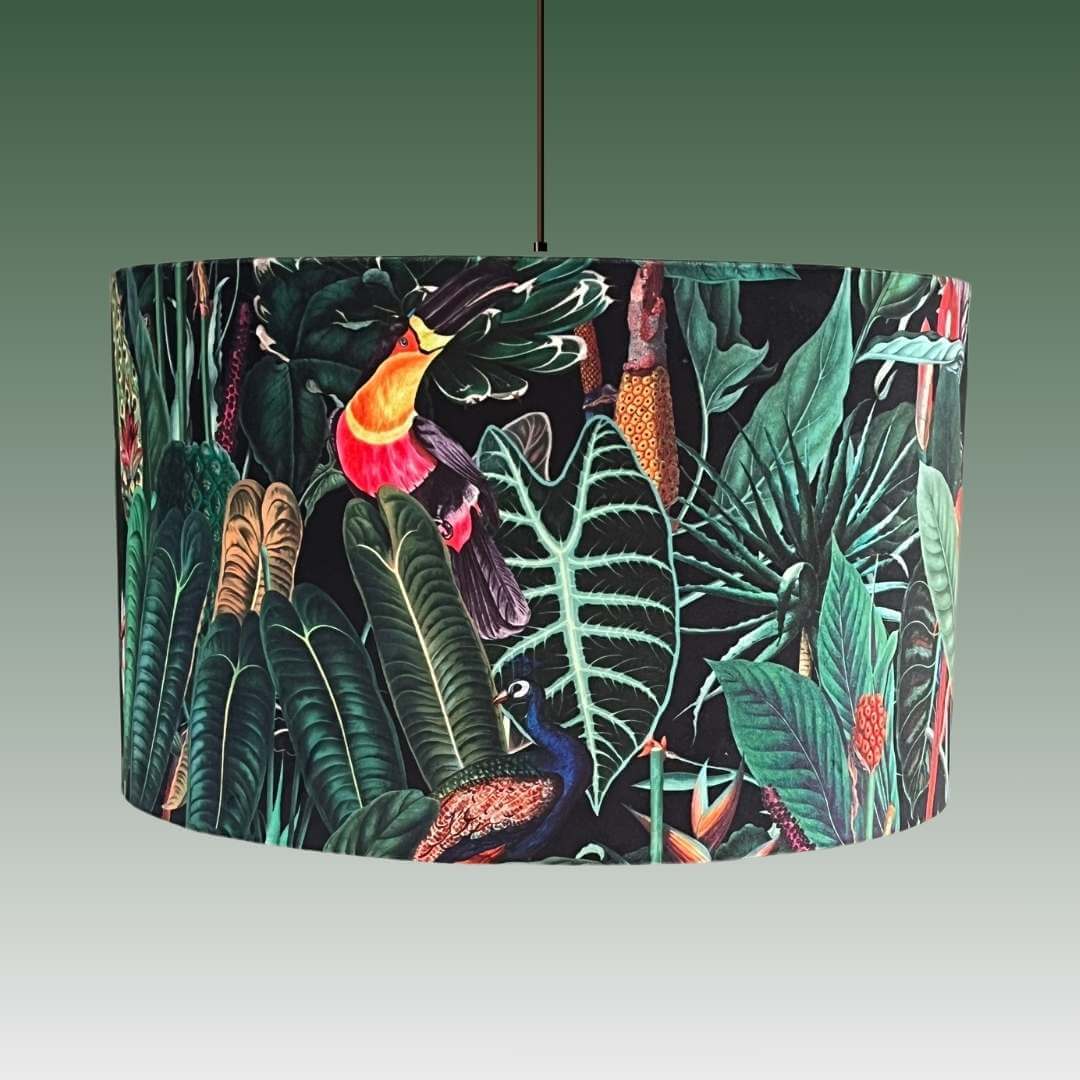 Velvet drum lampshade with jungle palms and exotic birds