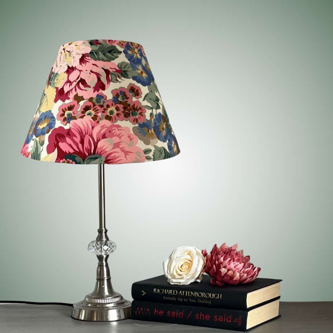 Rose and Peony empire conical floral lampshade shown styled on a table