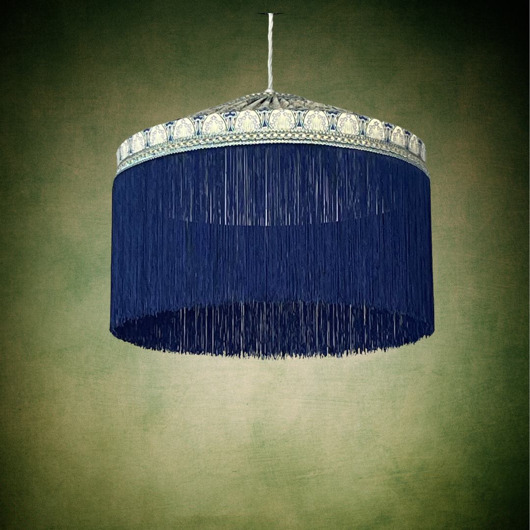 Liberty art deco Ianthe fabric Tiffany style lampshade navy blue fringe